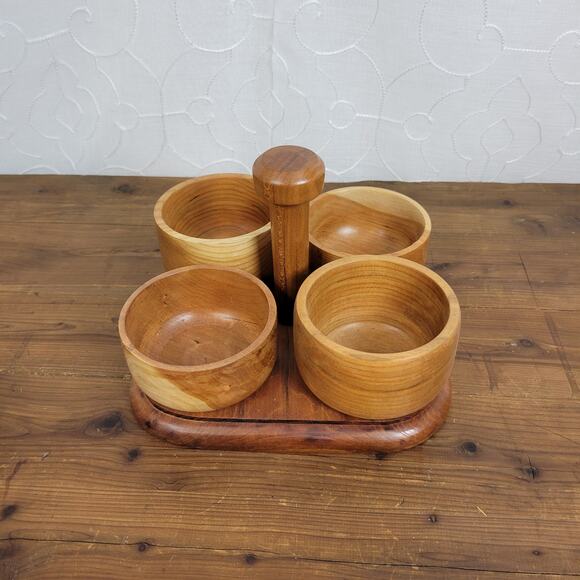 Wooden Caddy 4pcs Bowl with Serving Tray Set Brown Condiment Holder Light Weight - Picture 3 of 9
